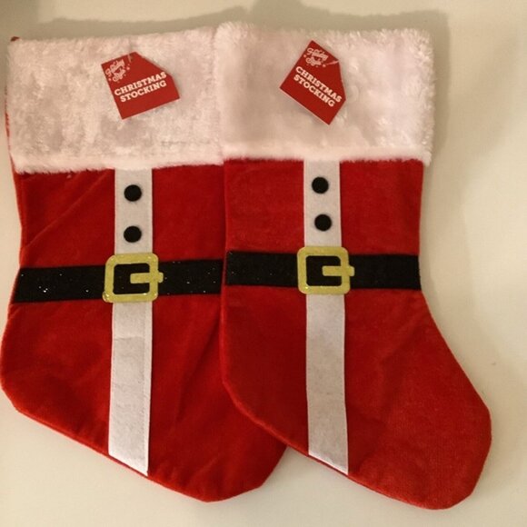 Holiday Style Santa Glitter Stocking Faux Fur Trim Set Of 2 New With Tags - Picture 1 of 4
